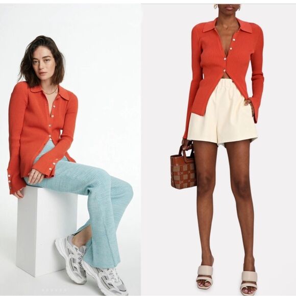 LE ORE BANDIER NEW Orange Ribbed Knit Rimini Button Down Cardigan Sweater Top - Picture 4 of 12